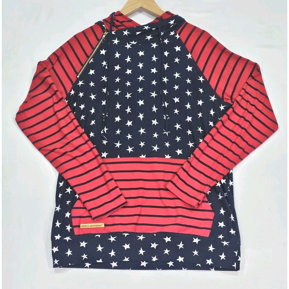 SIMPLY SOUTHERN Stars‎ & Stripes Double Hooded Pullover Large Patriotic RWB Flag